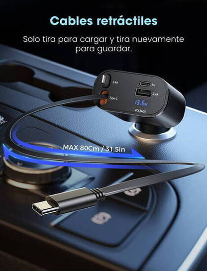 ¡CARGADOR AUTOMOVÍL DUAL RETRACTIL! 4 en 1